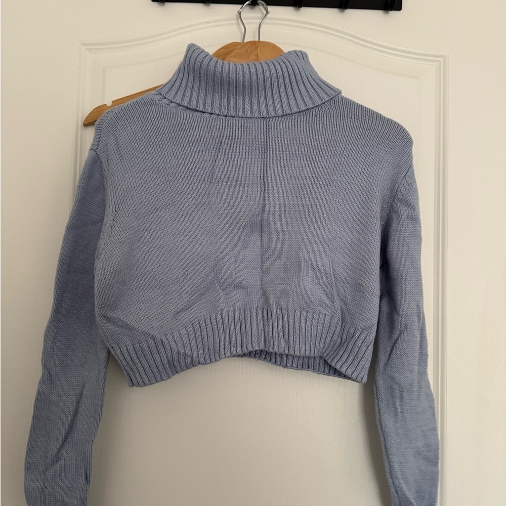 Garage Blue Cowl Turtleneck Sweater with Ribbed Details